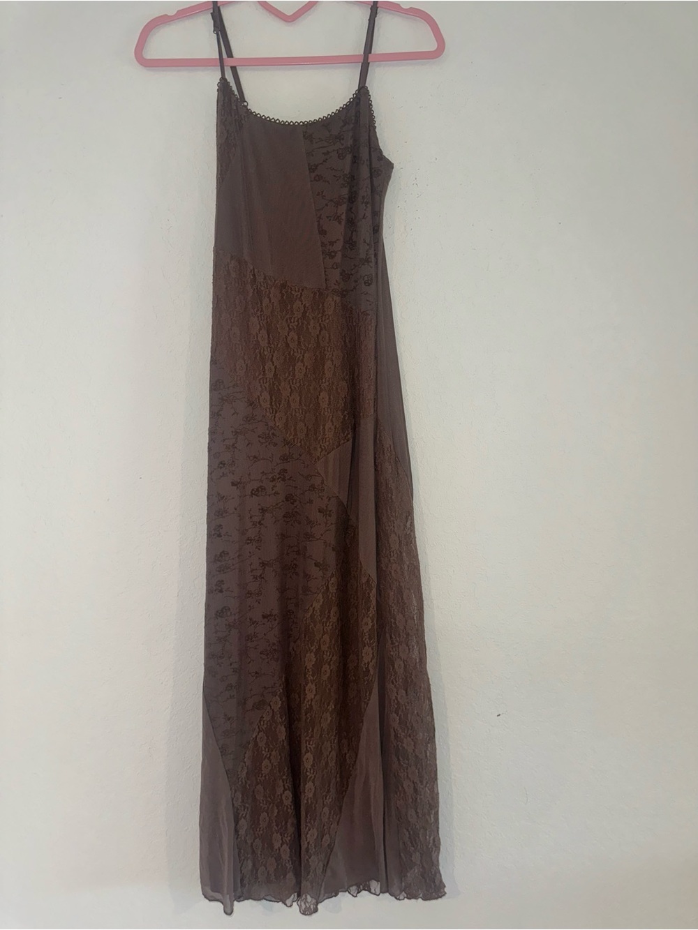 Thirty Thirty Medium Brown Floral Embroidered & Lace Sheer Mesh Y2K Maxi Dress